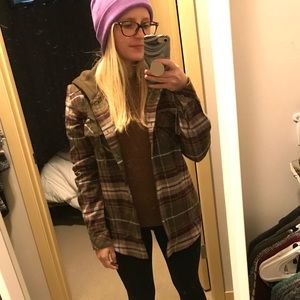 Olive hooded plaid flannel shirt